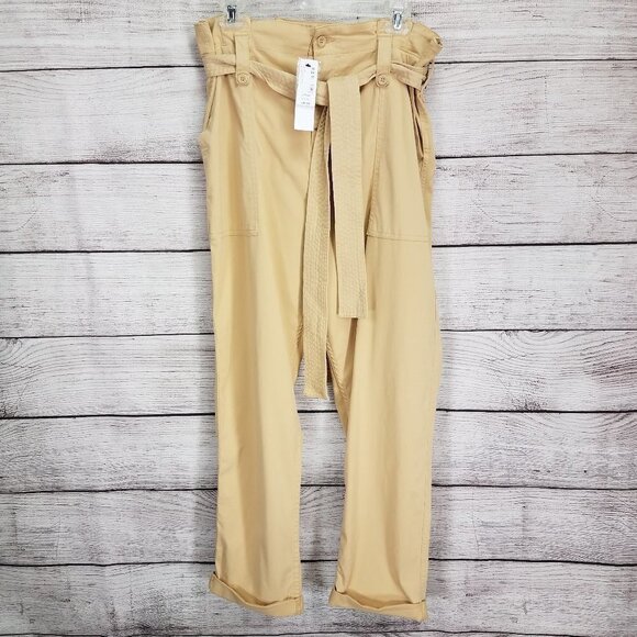 NEW TOPSHOP 12 Rory Paperbag Waist Utility Trousers Cuffed Crop Pants in Beige - Picture 3 of 13